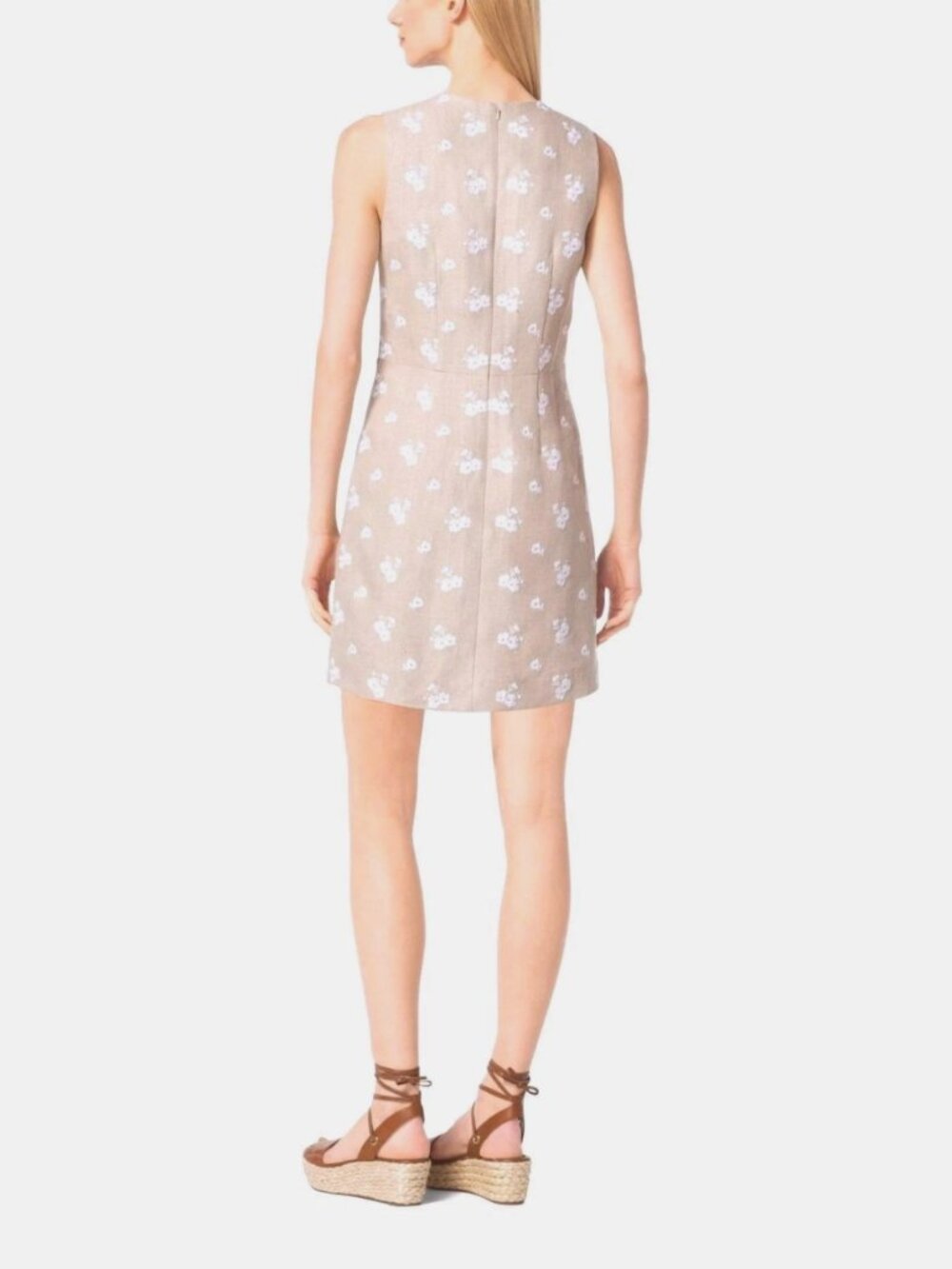 Michael Kors Linen Floral Embroider Mini Sleeveless Sheath Dress Tan White sz 2 - Picture 8 of 8